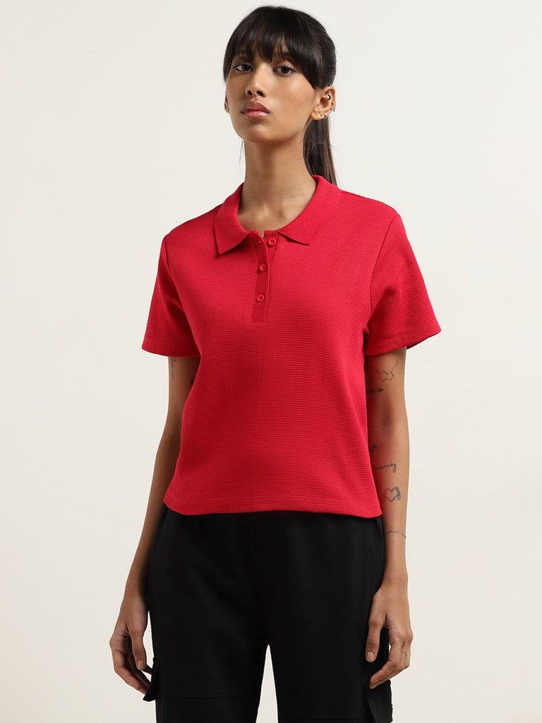 Studiofit Red Ribbed Textured Cotton T-Shirt