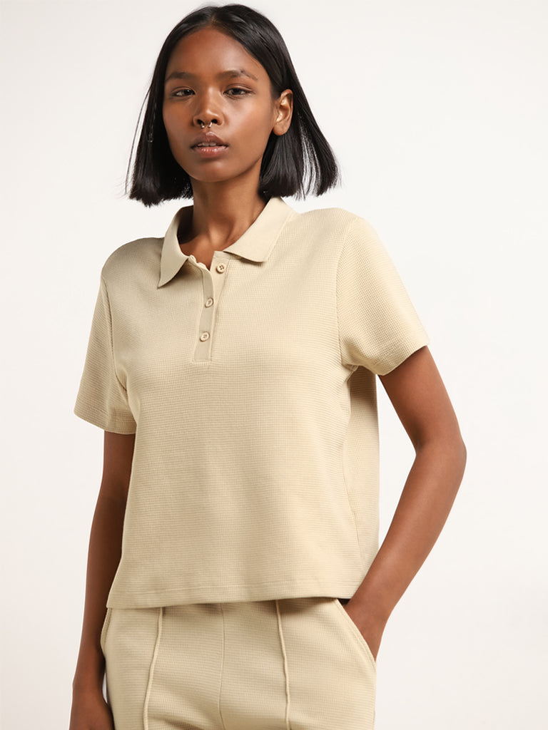 Studiofit Beige Waffle Textured Cotton Collared T-Shirt