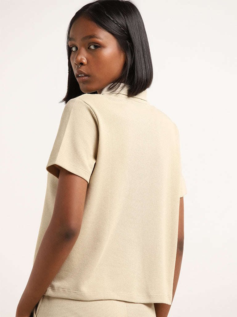 Studiofit Beige Waffle Textured Cotton Collared T-Shirt