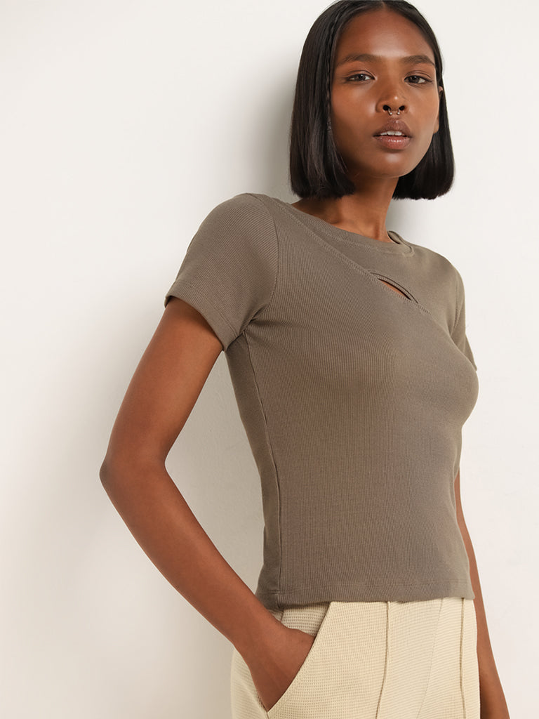 Studiofit Olive Cotton Blend Ribbed T-Shirt