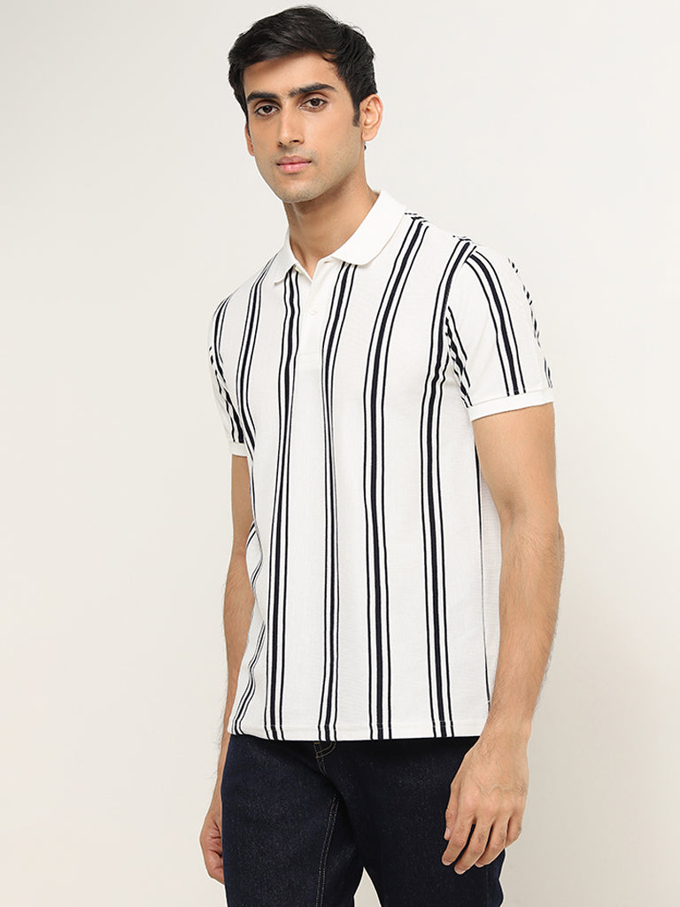 WES Casuals White Stripe Print Slim-Fit Polo T-Shirt