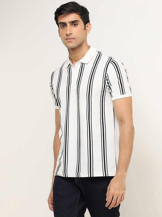 WES Casuals White Stripe Print Slim-Fit Polo T-Shirt