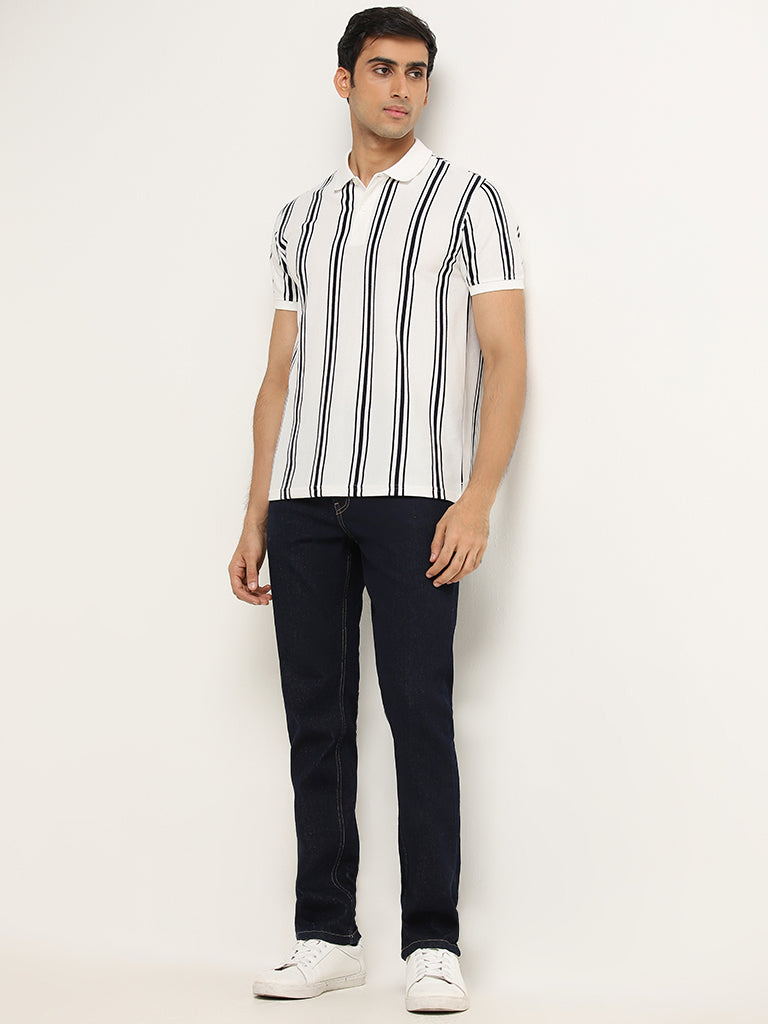 WES Casuals White Stripe Print Slim-Fit Polo T-Shirt