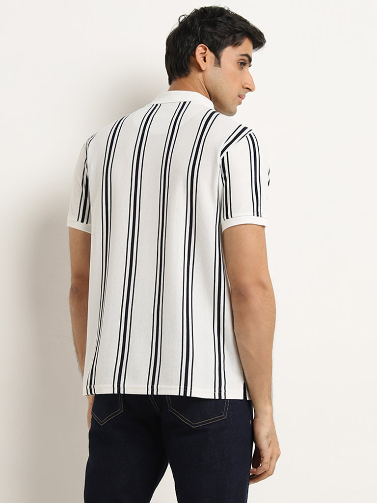 WES Casuals White Stripe Print Slim-Fit Polo T-Shirt