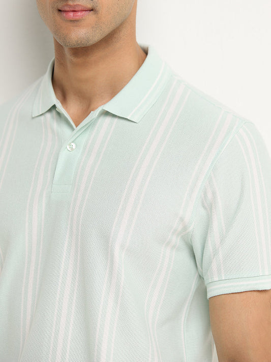 WES Casuals Mint Striped Slim-Fit Polo T-Shirt