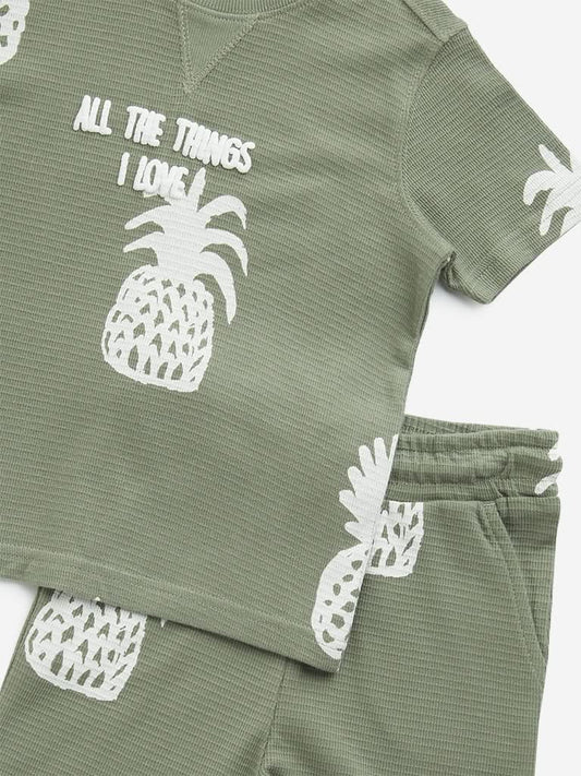 HOP Kids Olive Pineapple Print Cotton T-Shirt and Mid-Rise Shorts Set