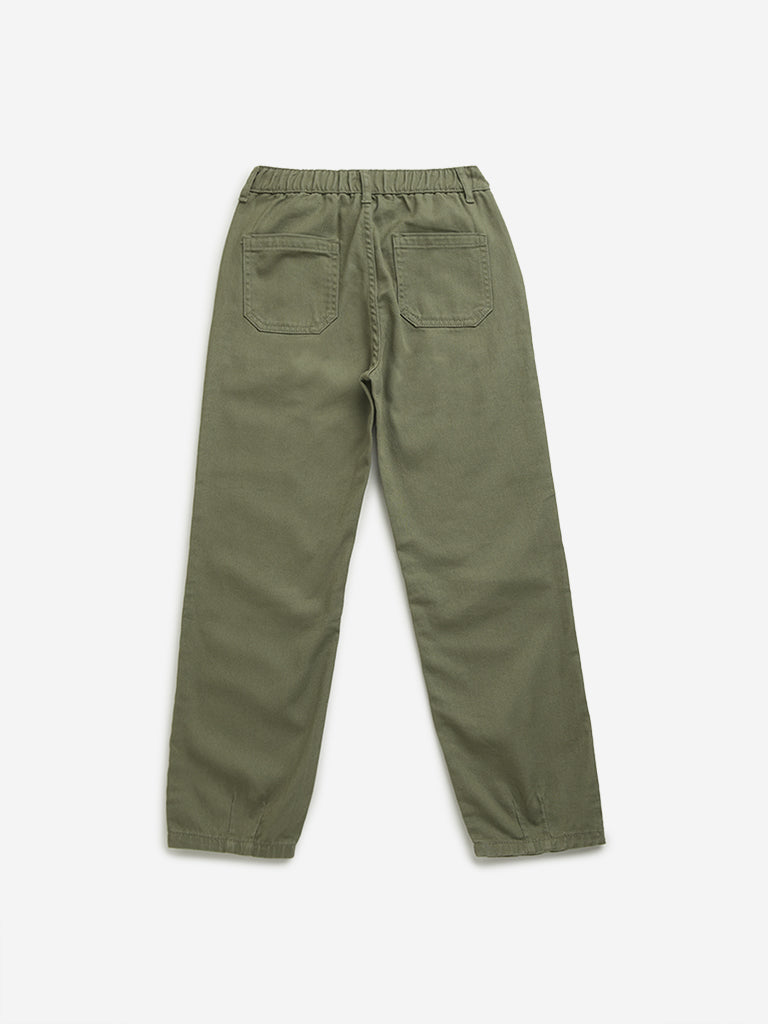 HOP Kids Cotton Olive Mid Rise Cargo Jeans