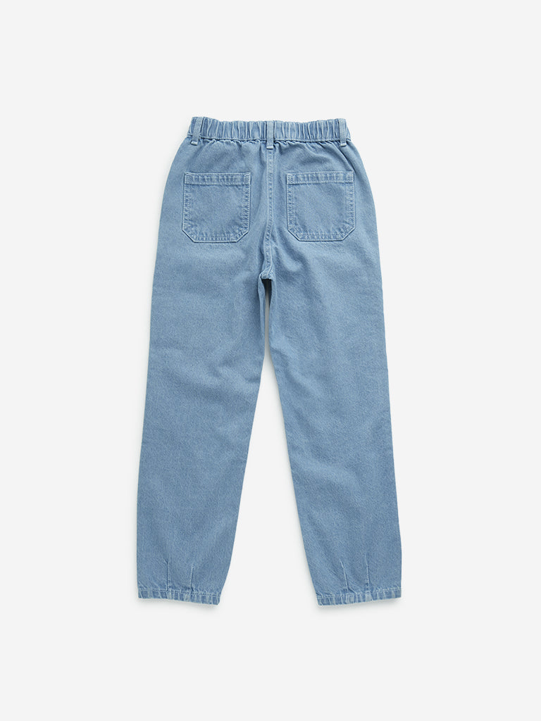 HOP Kids Blue Cargo-Style Mid-Rise Cotton Jeans