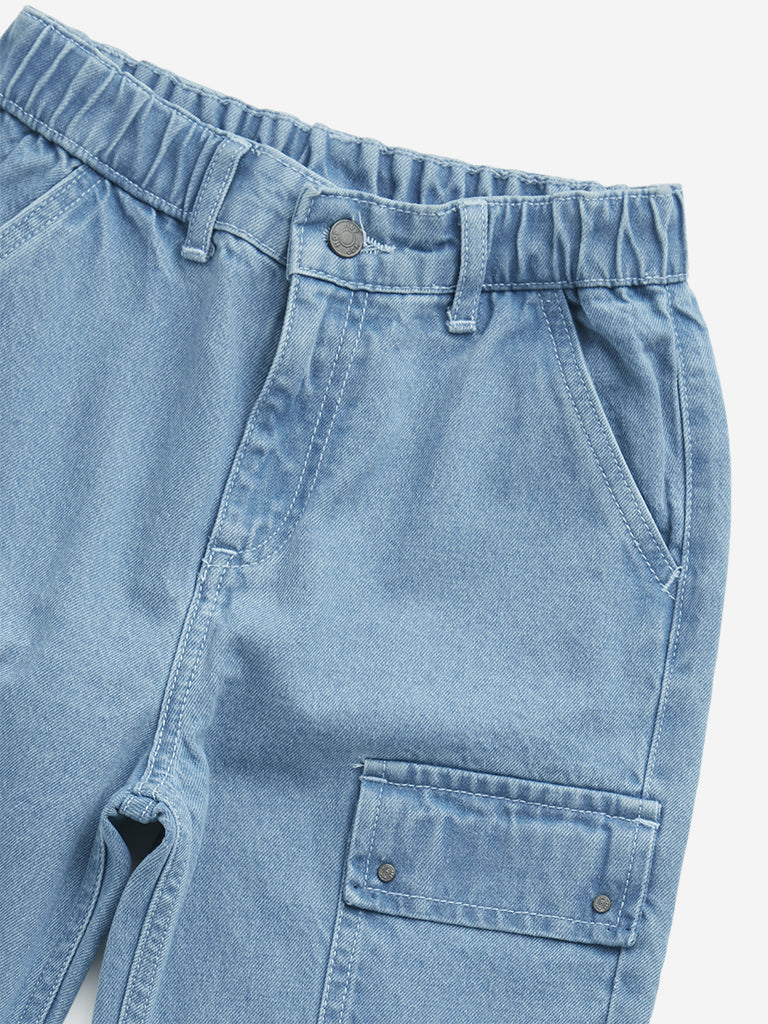 HOP Kids Blue Cargo-Style Mid-Rise Cotton Jeans