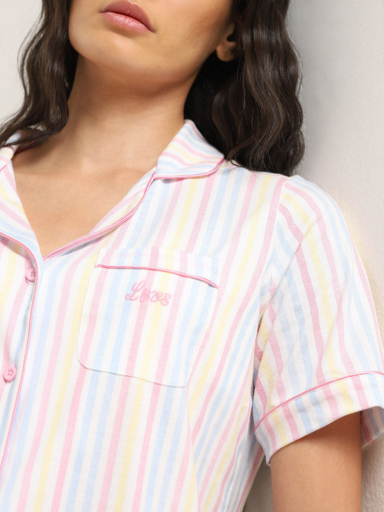 Wunderlove Multicolour Striped Cotton Shirt and Pyjama Set