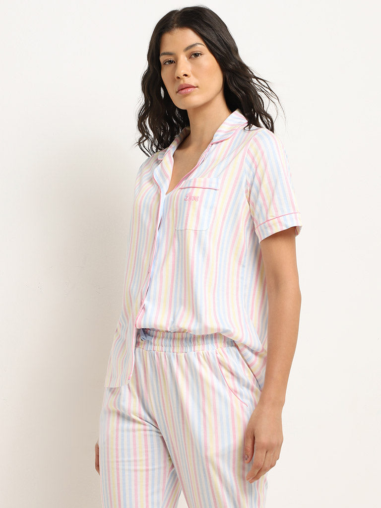 Wunderlove Multicolour Striped Cotton Shirt and Pyjama Set