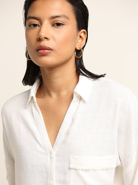 LOV White Frayed Pattern Blended Linen Shirt