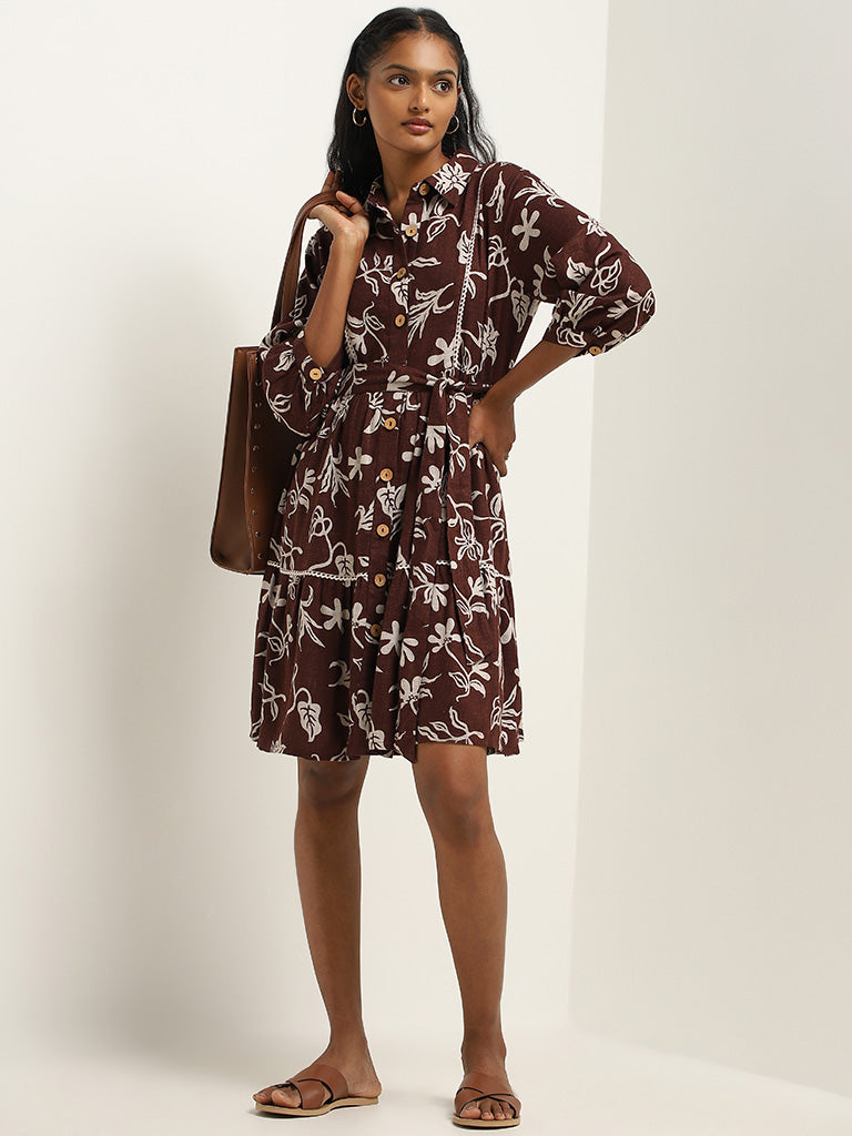 LOV Brown Floral Design Shirt Cotton Dress with Belt