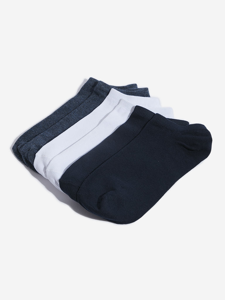 WES Lounge Blue Solid Cotton Blend Socks - Pack of 3