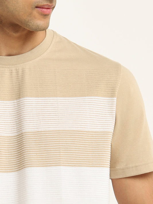 WES Lounge Beige Colour-Blocked Relaxed-Fit T-Shirt