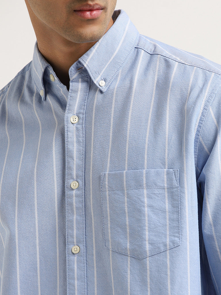 WES Casuals Blue Striped Relaxed-Fit Cotton Shirt