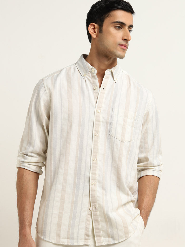 WES Casuals Beige Striped Relaxed-Fit Cotton Shirt