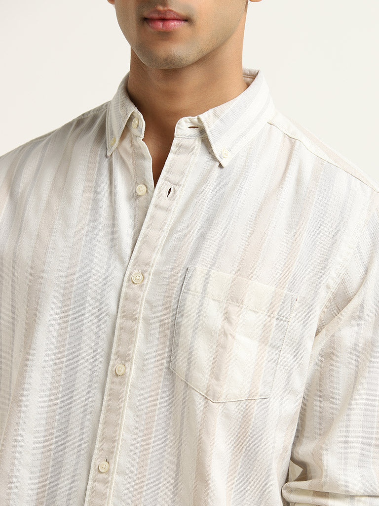 WES Casuals Beige Striped Relaxed-Fit Cotton Shirt