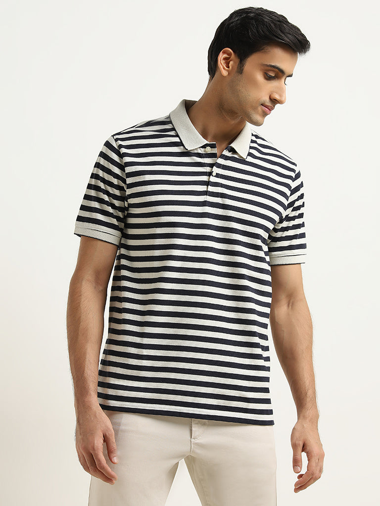 WES Casuals Navy Striped Relaxed-Fit Polo T-Shirt