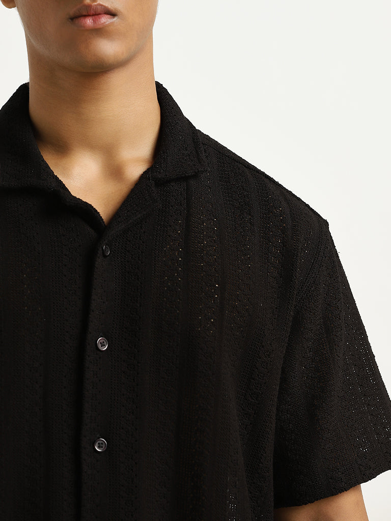 ETA Black Knit-Textured Relaxed-Fit Cotton Shirt