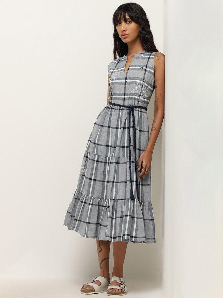 Bombay Paisley Blue Checks Design Tiered Cotton Dress with Belt