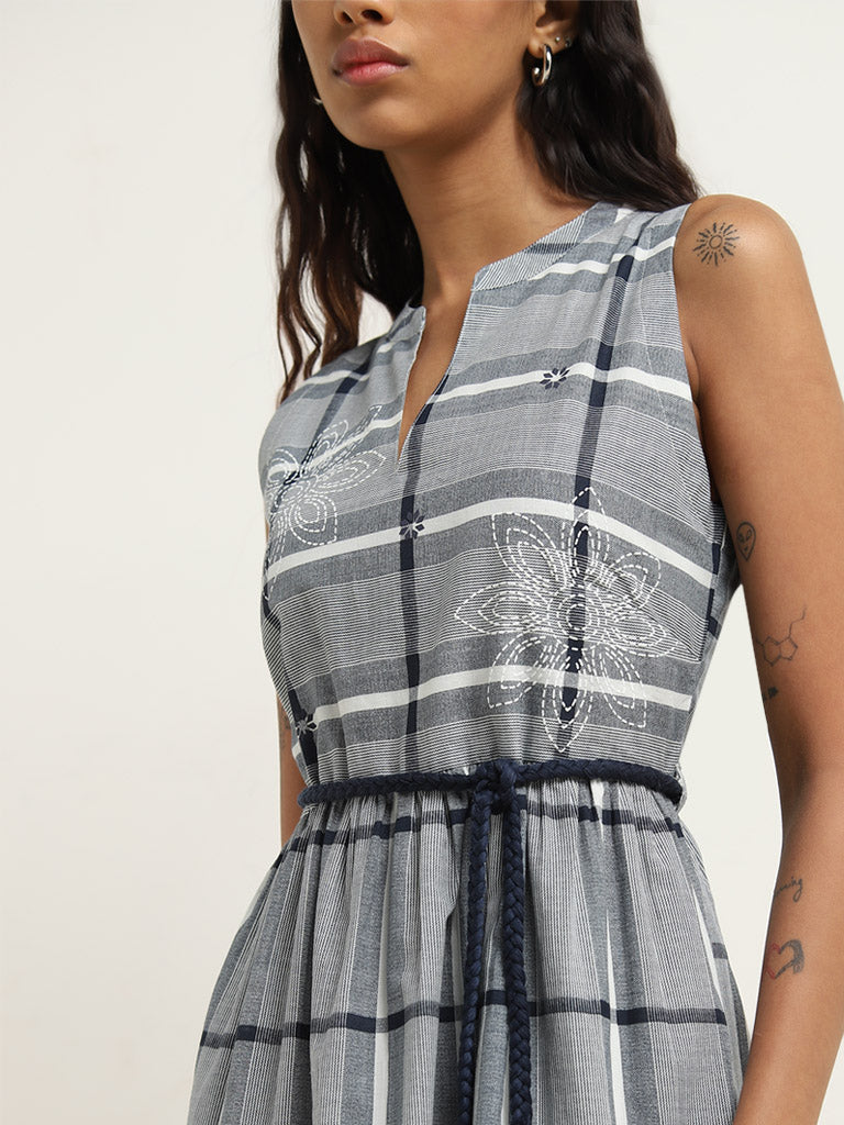 Bombay Paisley Blue Checks Design Tiered Cotton Dress with Belt