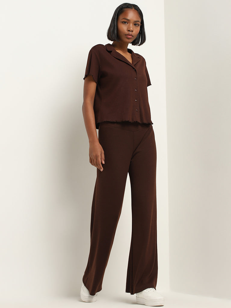 Superstar Dark Brown Ribbed Wide-Leg Mid-Rise Pants