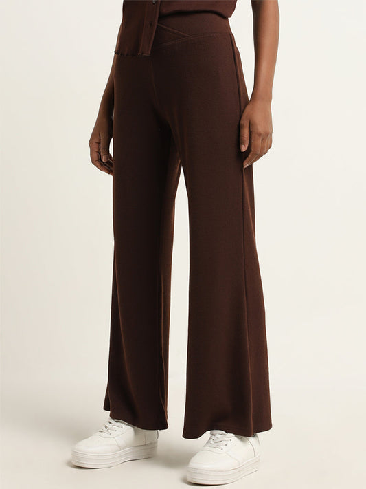 Superstar Dark Brown Ribbed Wide-Leg Mid-Rise Pants