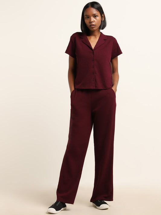 Superstar Burgundy Ribbed Wide-Leg Mid-Rise Pants