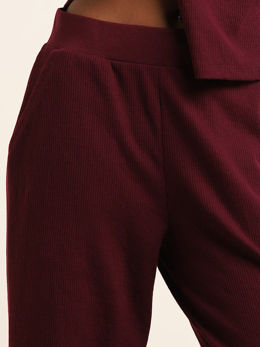 Superstar Burgundy Ribbed Wide-Leg Mid-Rise Pants