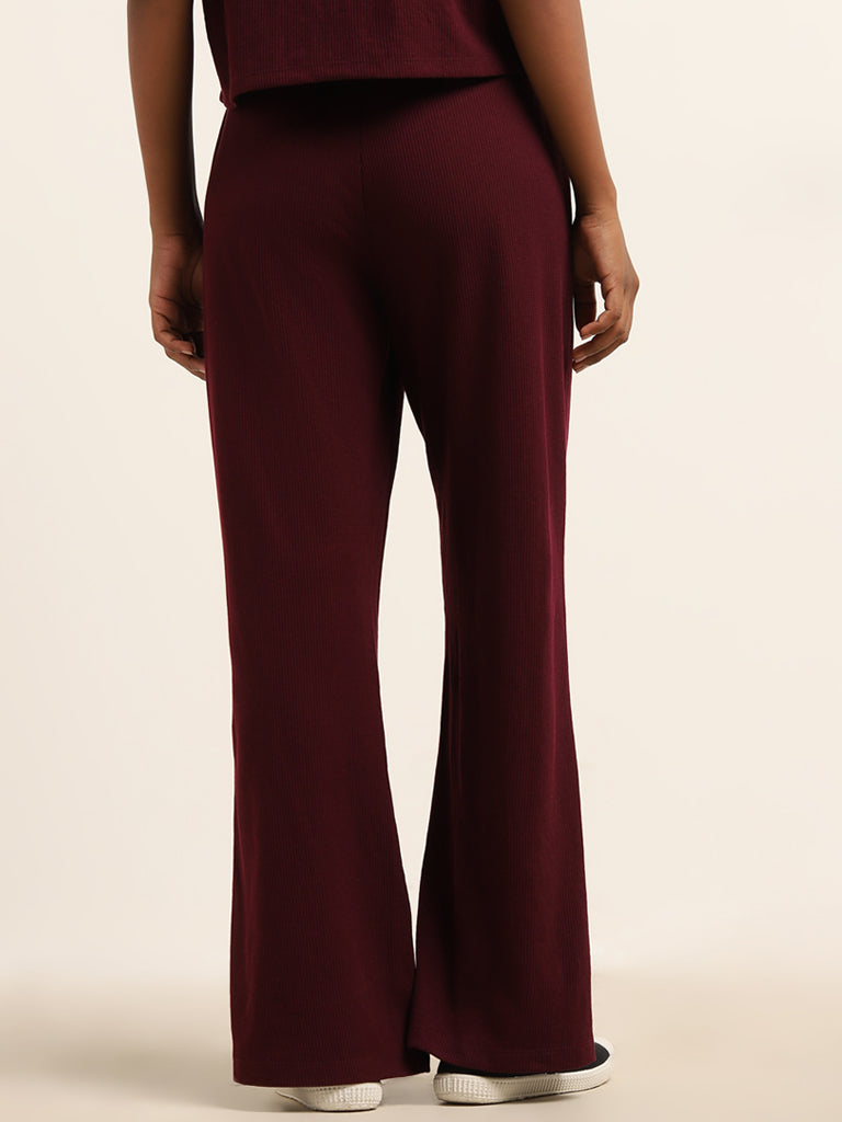 Superstar Burgundy Ribbed Wide-Leg Mid-Rise Pants