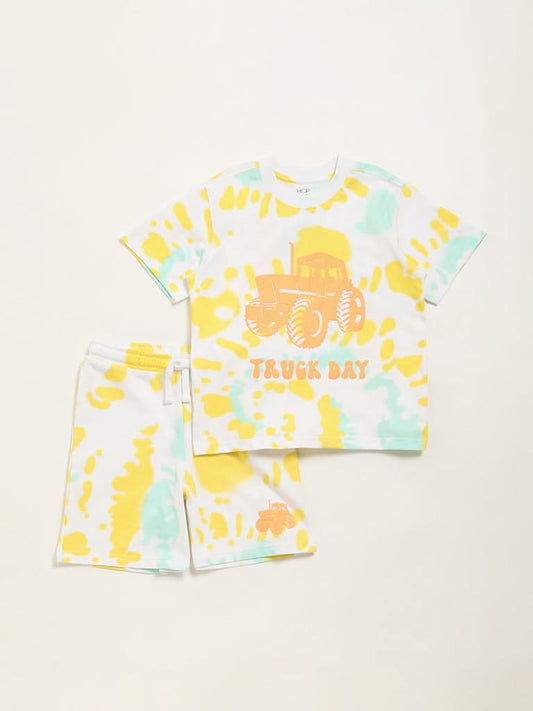 HOP Kids Yellow Splatter Printed Cotton T-Shirt & Shorts Set