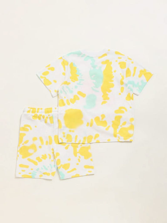 HOP Kids Yellow Splatter Printed Cotton T-Shirt & Shorts Set