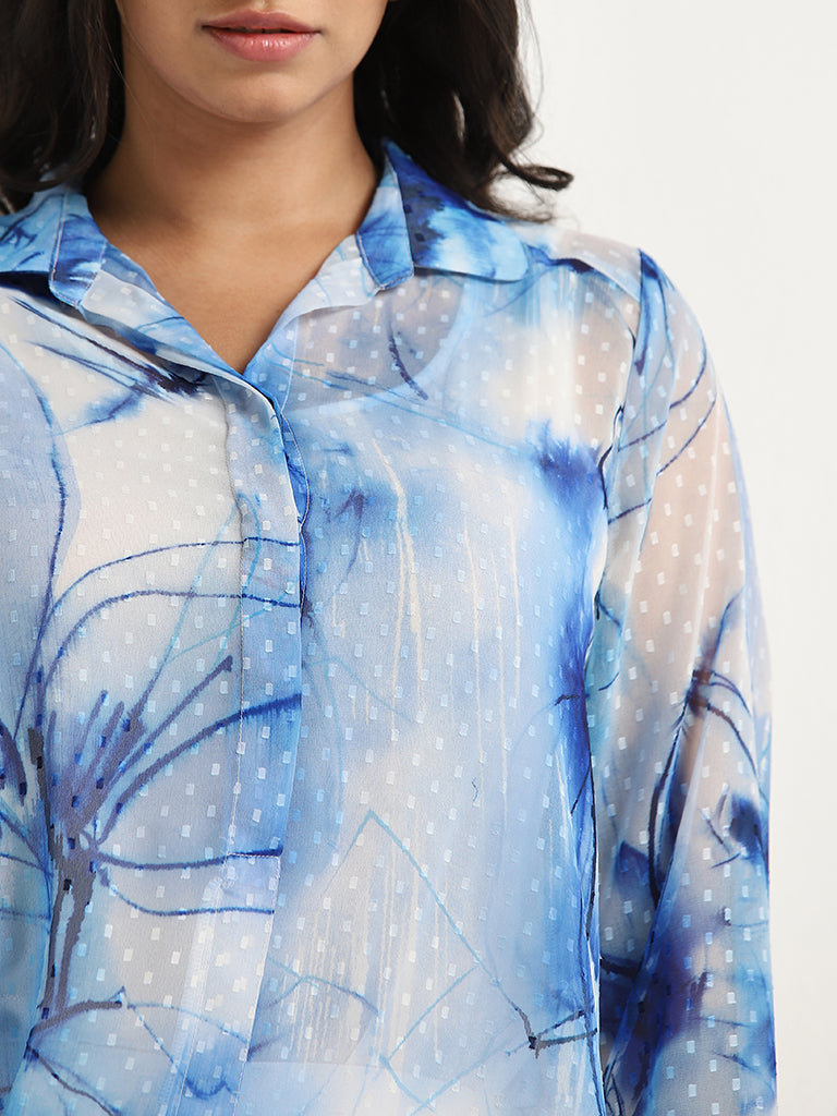 Gia Blue Floral Printed Tufted Shirt