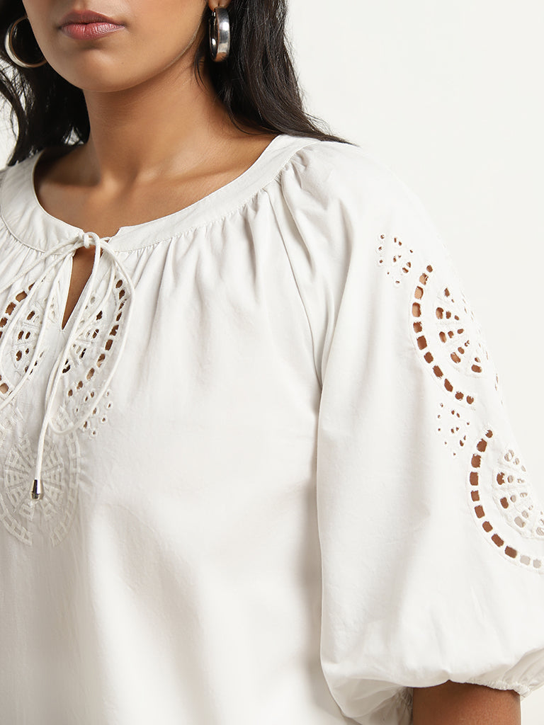 Gia White Cut-Out Detailed Cotton Blouse