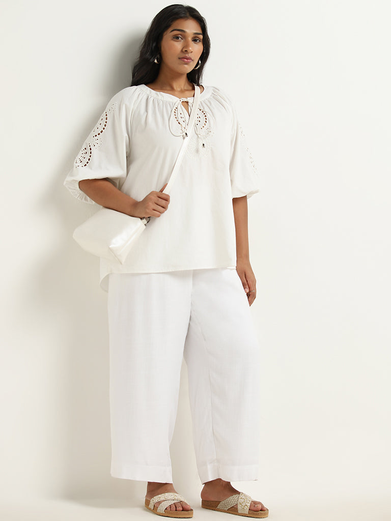 Gia White Cut-Out Detailed Cotton Blouse