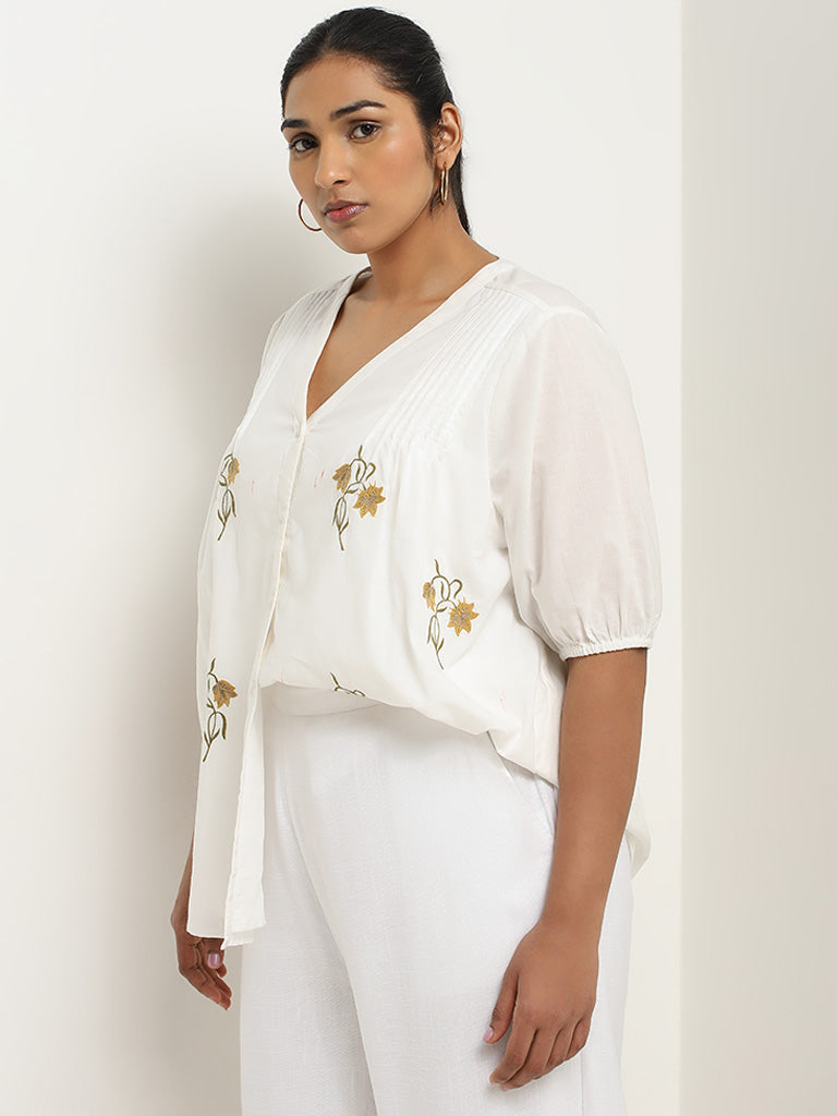 Gia White Floral Embroidered Cotton Blouse