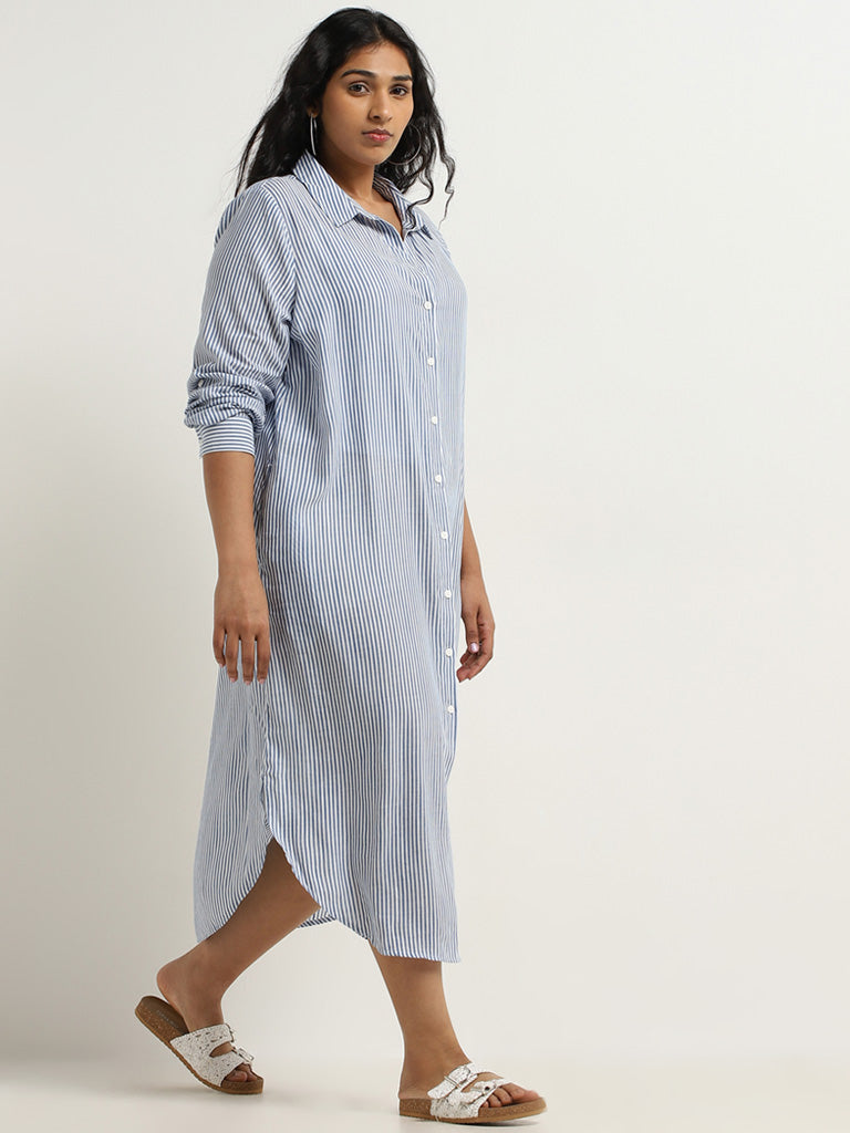 Gia Blue Stripe Printed Cotton Shirt Dress