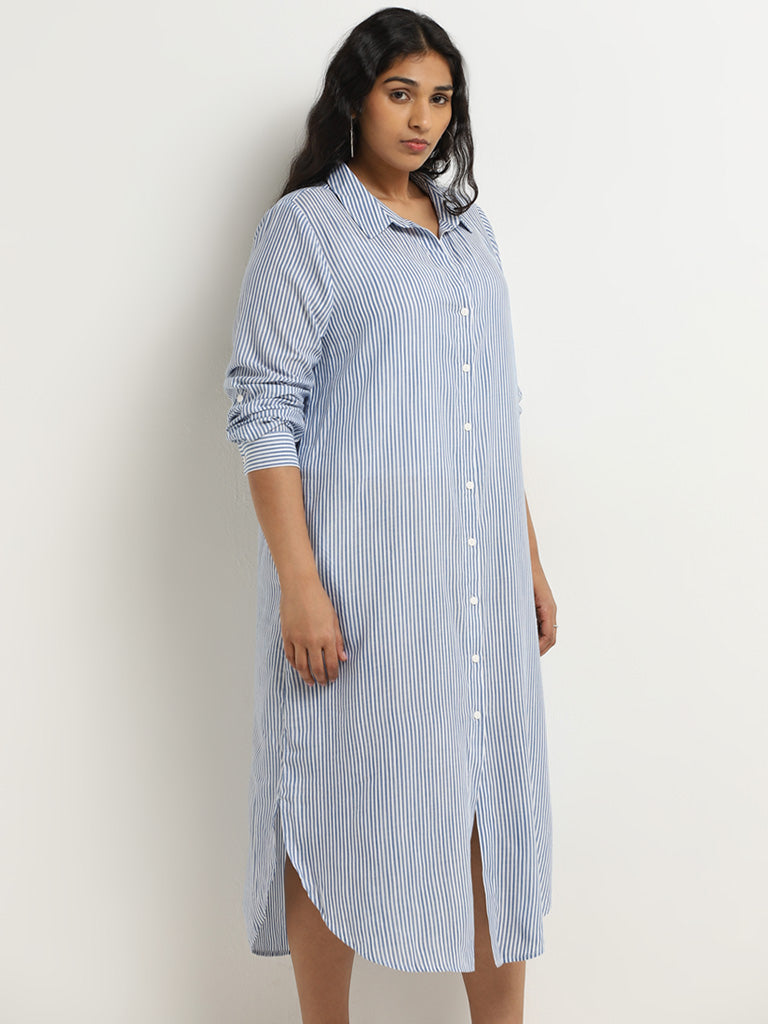 Gia Blue Stripe Printed Cotton Shirt Dress