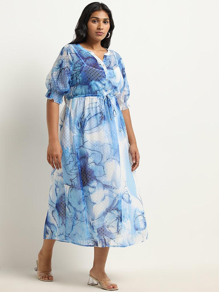 Gia Blue Floral Pattern Tufted A-line Dress