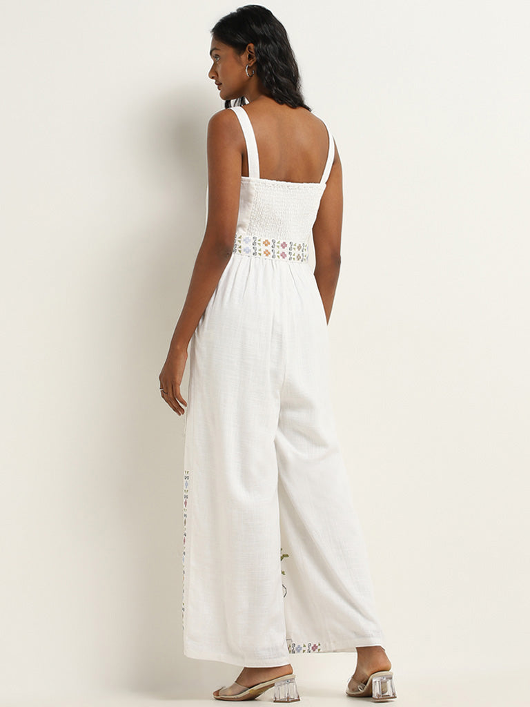 LOV White Floral Cotton Jumpsuit with Belt