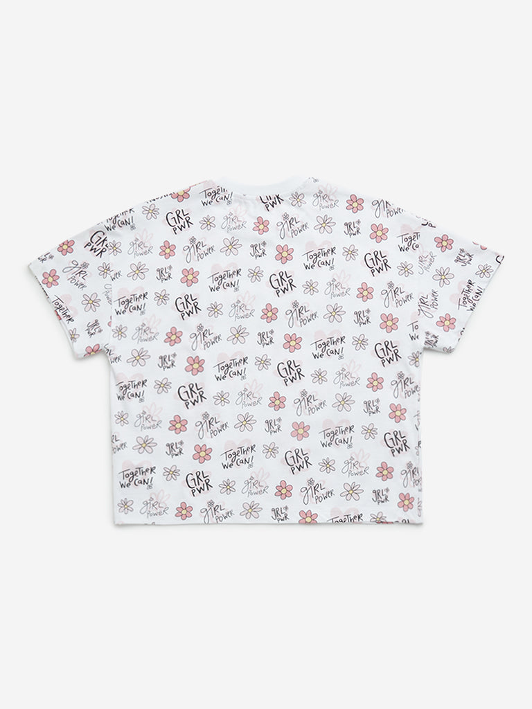 Y&F Kids White Floral Printed Cotton T-Shirt