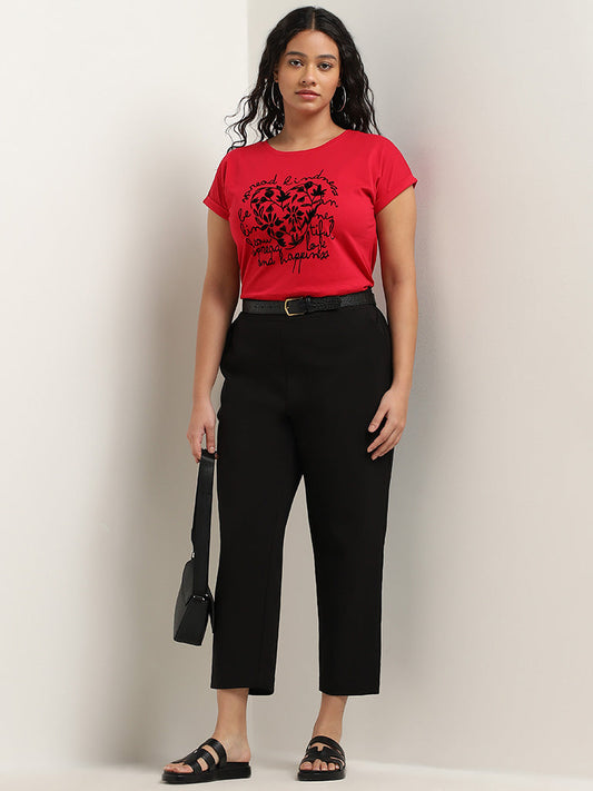 Gia Red Text Printed Cotton T-Shirt