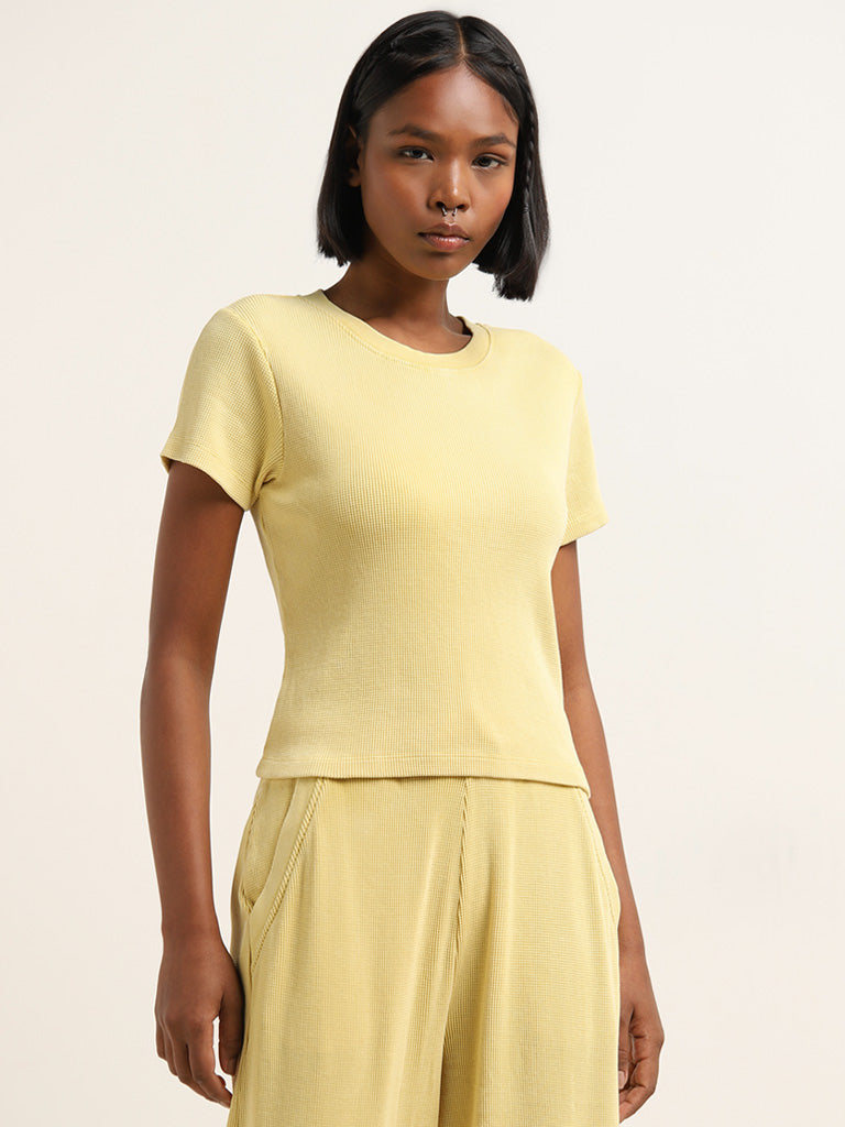 Studiofit Yellow Waffle-Textured Cotton T-Shirt