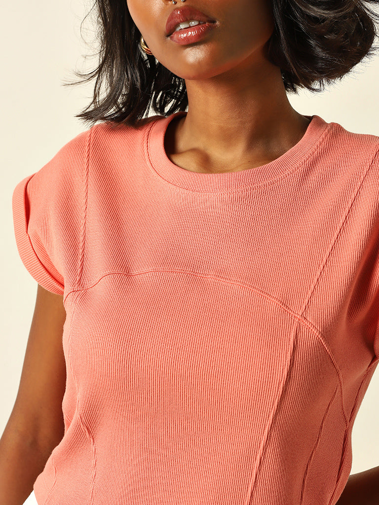 Studiofit Coral Ribbed Textured Cotton T-Shirt