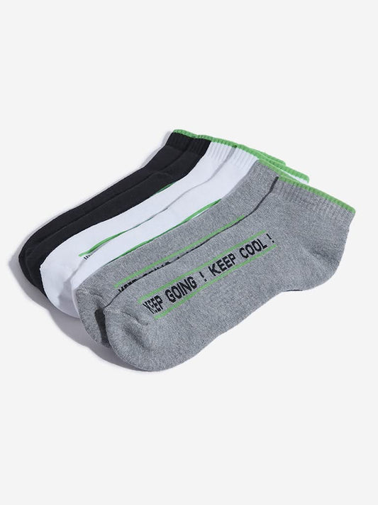 WES Lounge Grey Melange Text Design Cotton Blend Socks - Pack of 3