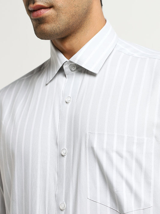 WES Formals Light Grey Striped Relaxed-Fit Cotton Shirt