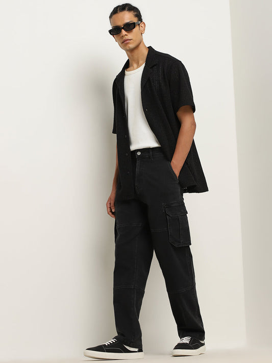 Nuon Black Cargo-Style Relaxed-Fit Mid-Rise Cotton Blend Chinos