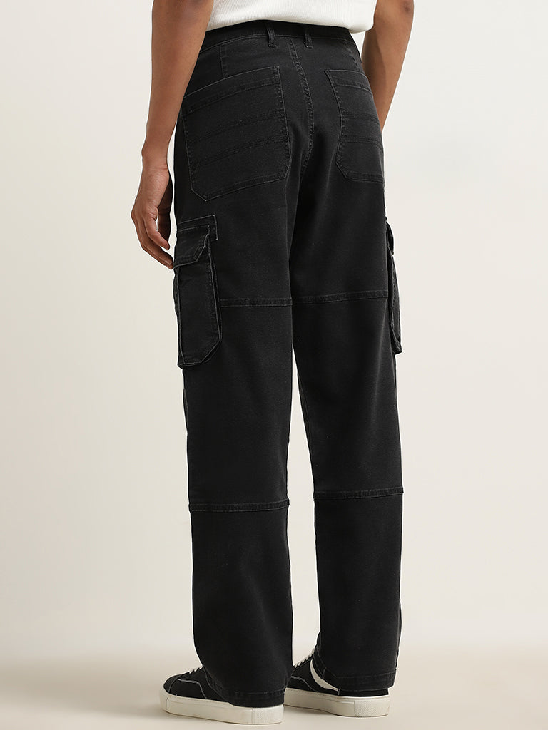 Nuon Black Cargo-Style Relaxed-Fit Mid-Rise Cotton Blend Chinos