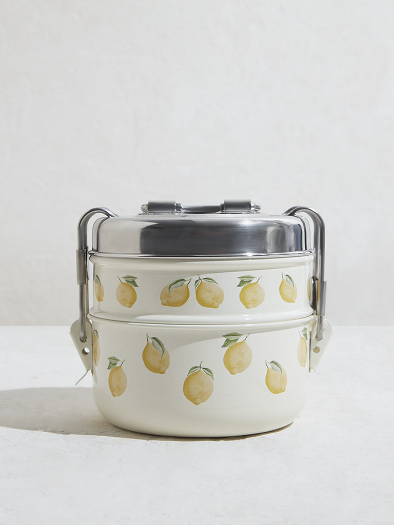 Westside Home Lemon Yellow Foliage Printed Two Tier Dabba